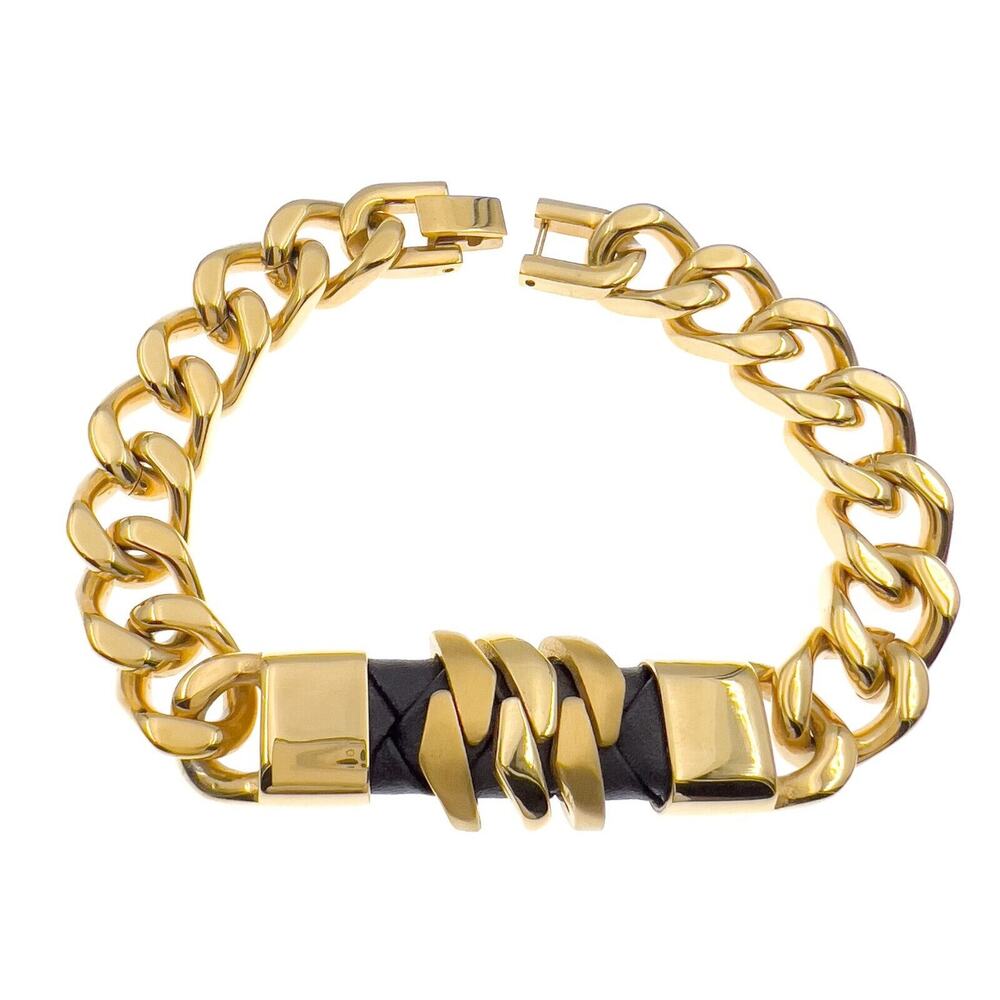 Cuban Link Men Bracelet Gold Stainless Steel ID Black Leather